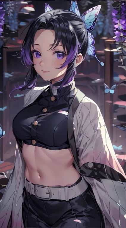 Ultra-realistic 8kCG,tmasterpiece,((hyper detailed background,delicate patterns,intricate-detail)),best qualtiy,extremely detailed man,extremely detailed eye and face,extremely detailed eye,kochou shinobu,O cabelo multicolorido,No bangs,Hair intake,Black eye,Cap,Black shirt,Black ,(The bikini),butterfStrip Strip,(Trepical Garden:1.2),purple flower,Mostly cloudy sky,rays of sunshine,Tyndall effect,gradient_Heaven,faces,Beautiful sky,Saber on the waist,enchanting posture,(large full breasts:1.3veage:1.3),(Off-the-shoulder costumes:1.5),ssmile, Appearance from behind, butt sticks out