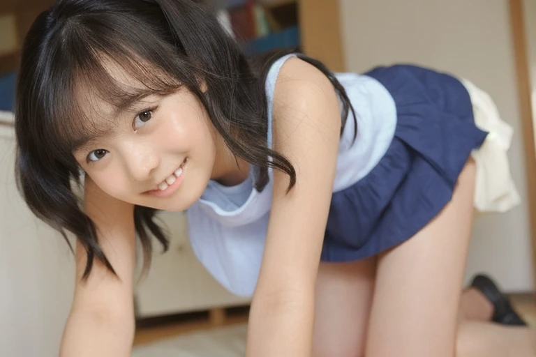 on top,Looking down,from below,Flat sandals,did not wear panties,sitting on the classroom desk,Crotch view,Mocking expressions,Smiling,No bandeau,Large angle upward view,Sky background or ceiling background