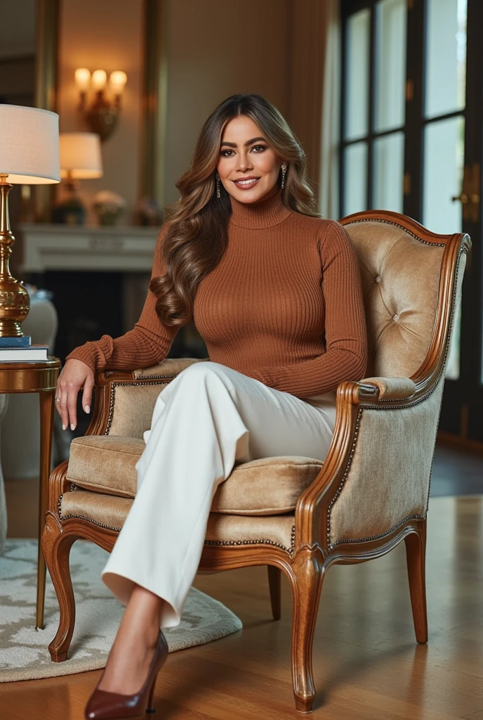 Lea Brandhuber with dark brown wavy hair slightly smiling in a classic white business blouse with long sleeves and beige leggings, visible from knees, touching her hair, body turned to camera, blonde long hair, daylight, sitting on sofa in modern light interior, detailed photo quality