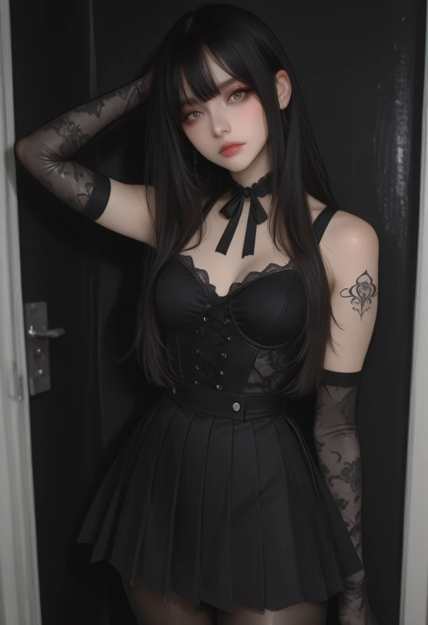 En un hermoso parque una mujer de aspecto moderno. It has a very colorful and striking kawaii gothic style.., con un maquillaje elegante y una peluca colorida.