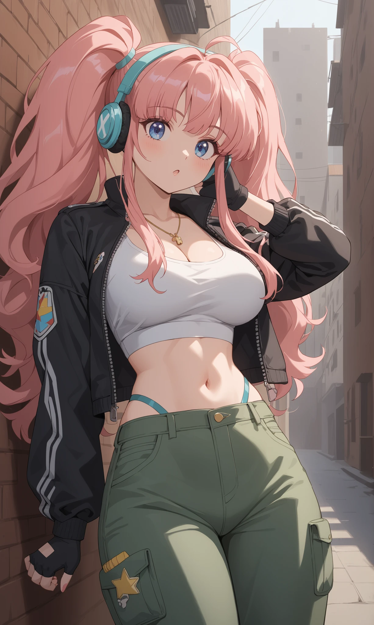 A young and beautiful anime girl, with voluptuous but harmonious proportions: thick thighs, pronounced hips and big breasts, highlighting the textures of the fabric and the volumes of her figure. She wears low-waisted cargo pants, x} decorative straps and fabric in neutral tones, marking the silhouette of her thong, with zip pockets, and her big eyes have gradients (military green or black). and accessories such as over-ear headphones retro-futurists, tight sleeves or thin straps, loose but tight on hips and back, fingerless gloves, and bulky sneakers. her hair is long , with a slight wind effect moving her hair and clothes, in a striking shade (platinum blue or pastel pink), palette of dull but deep colors (violet to cyan) with delicate light reflections. The lighting is soft and atmospheric, style outfit with subtle highlights and golden highlights on the edges of the hair and clothes {x} with warm and diffuse tones that create a melancholic yet detailed environment, straight and divided into two tall pigtails with loose locks. relaxed pose, in a semi-diluted urban environment (She wears a short crop top that leaves her abdomen exposed), like an alley with dim lights or a golden sunset. The lighting is soft and atmospheric, dressed in an aesthetic streetwear cargo urban