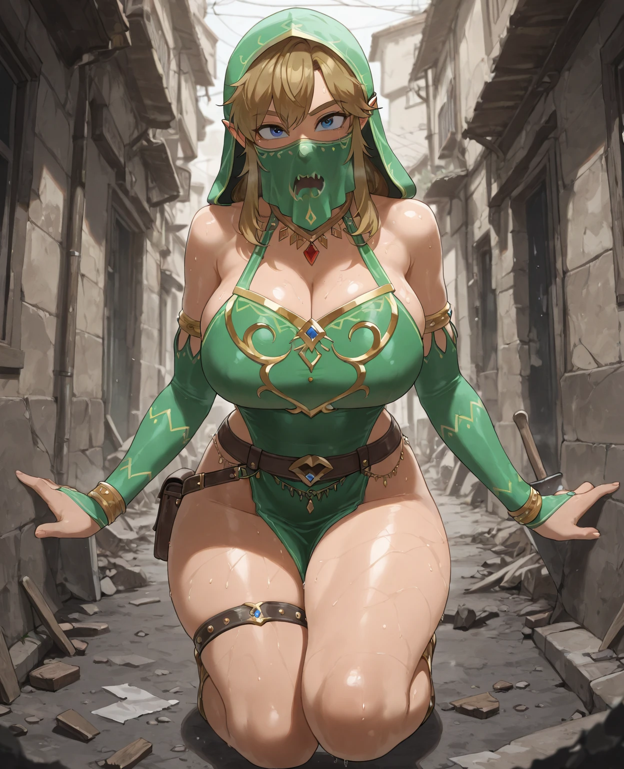 (whole body:1.5),beautiful detailed background, octane rendering, 8K, best quality, masterpiece, illustration, extremely delicate and beautiful, detailed,extremely detailed,CG,Unite,wallpaper,Astonishing, fine details, realistic art: 1.2 ,masterpiece, best quality, official art, extremely detailed CG Unite 8K wallpaper,1 girl, zelda, wearing skimpy underwear and stockings,, on knees,hands tied behind back, mouth gagged, frightened expression, green eyes, pretty symetrical face, oily wet skin, tanned skin, freckles, thin waist, narrow hips,, , Realistic photos, (hiqcgbody) ,perfect female figure, ancient dungeon background, dark