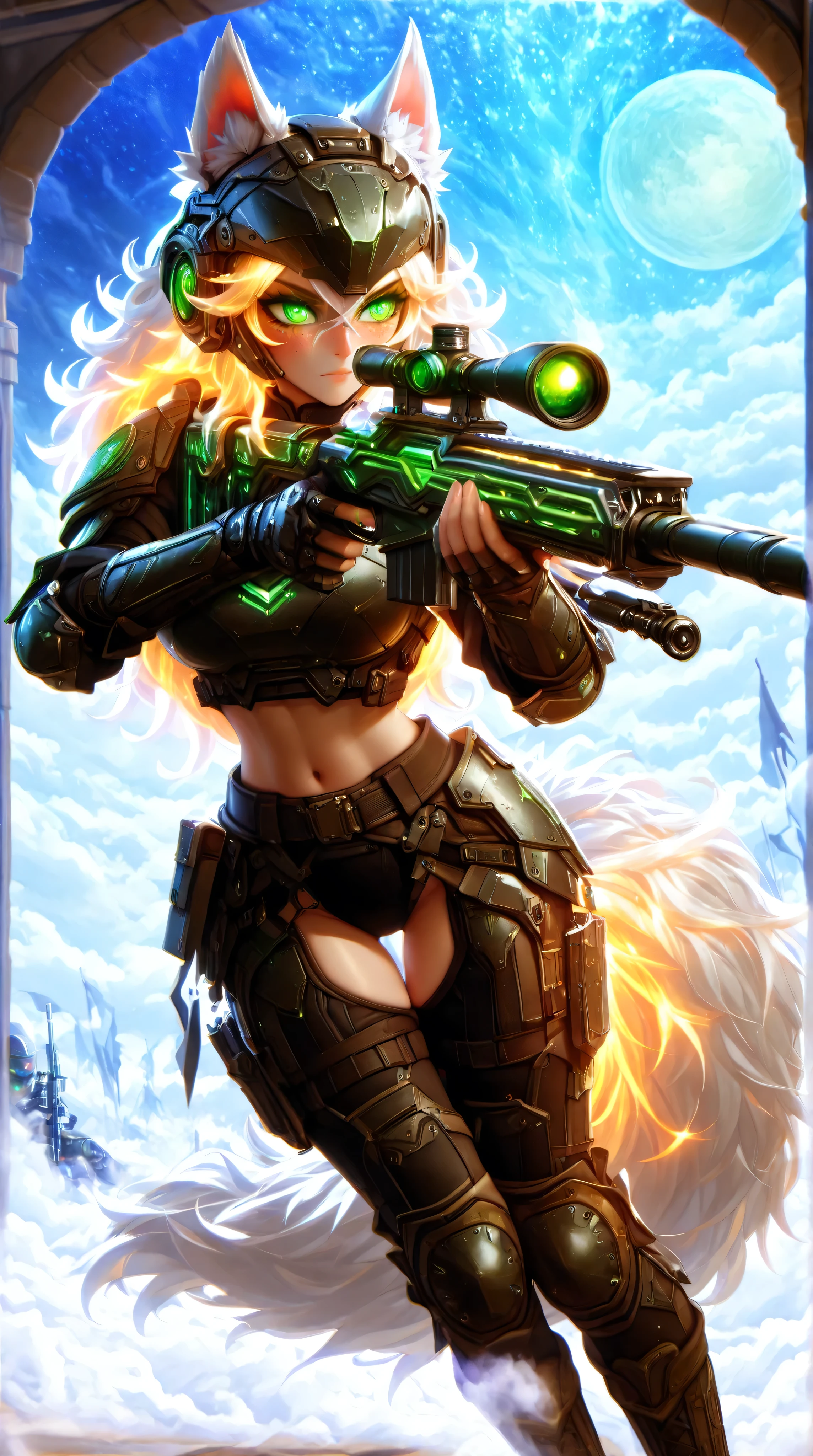 Masterpiece, best quality, amazing quality, absurdres, very aesthetic, lazypos, 3D, 1 woman, (tall, slim, medium-big chest, large hip, silver long hair, fluffy hair, wolf ears, fluffy ears, wolf eyes, fluffy tail, clear skin), smooth natural moonlight with soft shadows , night , outside , backdrop of a battlefield, stary sky with moon , adventurous , fantasy-themed atmosphere , detailed background , fog , (woman, confident, (many freckles:1.48), slightly flustered, (glowing eyes, glowing hair tip, green eyes, feral eyes, detailed eyes, detailed face), (thigh gap:1.27), (detailed chest), wearing a futuristic fantasy style military tactical suite with bulletproof armor showing midriff, (chest armor, hip armor, knee armor, waist armor, helmet with hole for ears, big military boots, holding a sniper rifle, sniper rifle, detailed), (lying on belly, behind cover, aiming, looking in scoop)