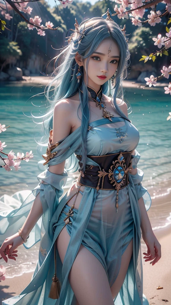 (photorealistic:1.8, highest quality:1.8,8K masterpiece:1.8,High resolution,muste piece:1.8),A 23-year-old woman standing on a snow mountain,fantasy,(tight mini dress、Transparent Shawl、Elegant earrings、choker), beautiful detailed blue eyes:1.7,double eyelid:1.6,beautiful skin:1.8, (looking at the camera:1.2),(Photo seen from below:1.3),(long Hair:1.2,Beautiful shining blue lime hair:1.5), expression(Sly Smile:1.3,face turns red:1.3),(Moderate chest:1.3),Pause(Seductive pose:1.5),background(snow scene:1.5,snow mountain:1.3,fairyland forest),(slender:1.2),(detailed perfect face),normal hands:1.5,normal finger:1:5,normal feet:1.5,thighs exposed,(cameltoe), (Nipples visible through clothing), No deformation,No arm loss,No extra arms,No mutated hands,No extra legs,no bad moves,No hand deformity,No missing limbs,No floating limbs,No limb amputation,No extra fingers,no bad fingers,liquid fingerless,bad fingerless,No missing fingers,No extra fingers,less fingers