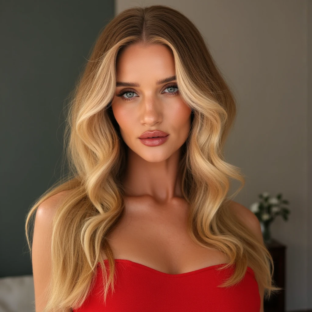A 23-year-old blonde woman, ((pechos grandes)), ((hiperrealismo)). Blonde hair with light brown roots. Cabello rubio, cabello extra largo, cabello muy largo, really long hair, styled in loose waves cascading down her back. Photo taken with an iPhone, show entire body, whole body in frame, showcasing her curves. Cleavage subtly visible, show red dress