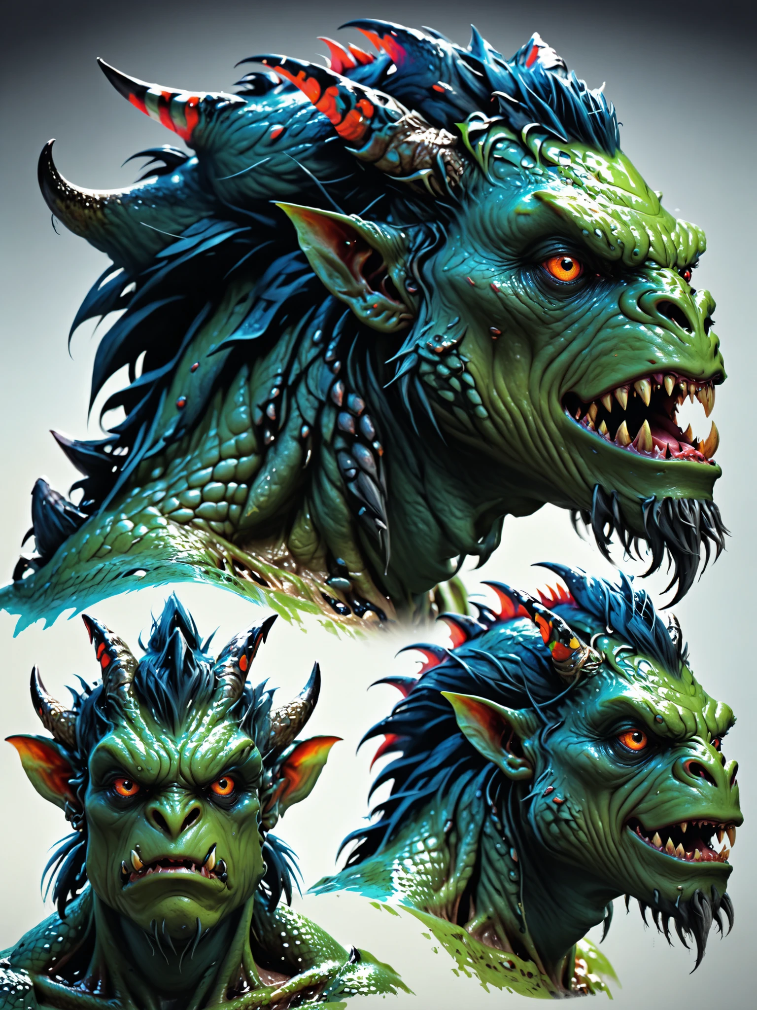 Monster face, ultra realistic portrait from various angles, frente, nuca, left side profile, right side profile, concept art