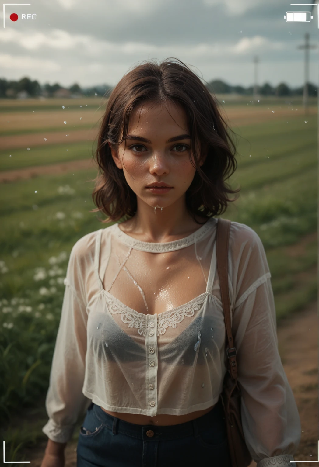 1 girl, solo, white skin, futanari, girl with penis, pink blouse, naked waist, detailed face, detailed eyes, small breasts, short hair, short bangs, brown hair, blue eyes, freckles, detailed face, detailed eyes, small breasts, short hair, brown hair, blue eyes, freckles, background, bokeh, dark theme, high contrast, (natural skin texture, hyperrealism, soft light, sharp), (cowboy shot), artistic photoshoot, OverallDetail