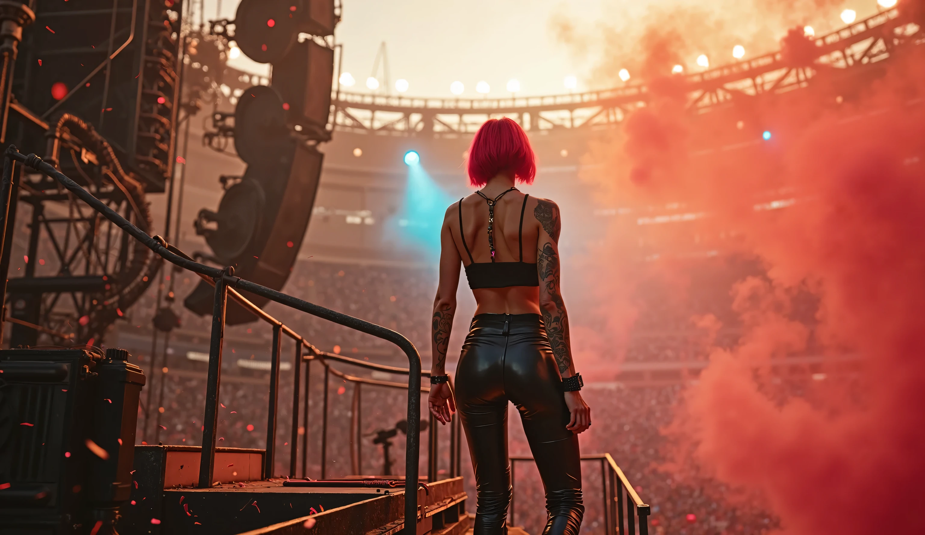 red haired woman walks on her knees in a full stadium tied to a leash, wearing only black stockings and high heels seen from behind

