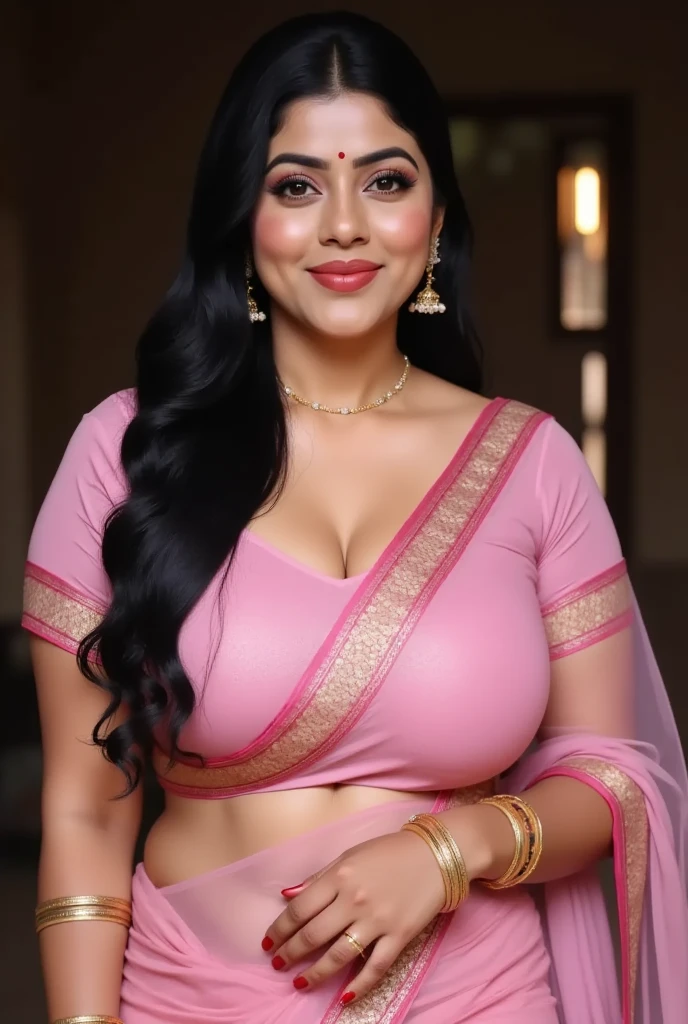 Jaya Prada 28 years old beautiful different cute Indian face Indian girl, big bulky m-cup breast, curvy plus size body figure, 3d Music Notes Embroidery t-shirt, different colorful 3d Abstract Music Notes Banarasi Wearing a saree politely, different hairstyle, bright eyes, thin eyebrows, fair skin, blushing cheeks, head to thigh close up view, smiling face, ultra realistic skin texture, Straight front view standing Pose, beautiful different Parasnath Temple background, ultra realistic, close up head to thigh view, black hair, Provocative eye Contact, glossy lipstick, attractive eye contract face, big bulky breast
