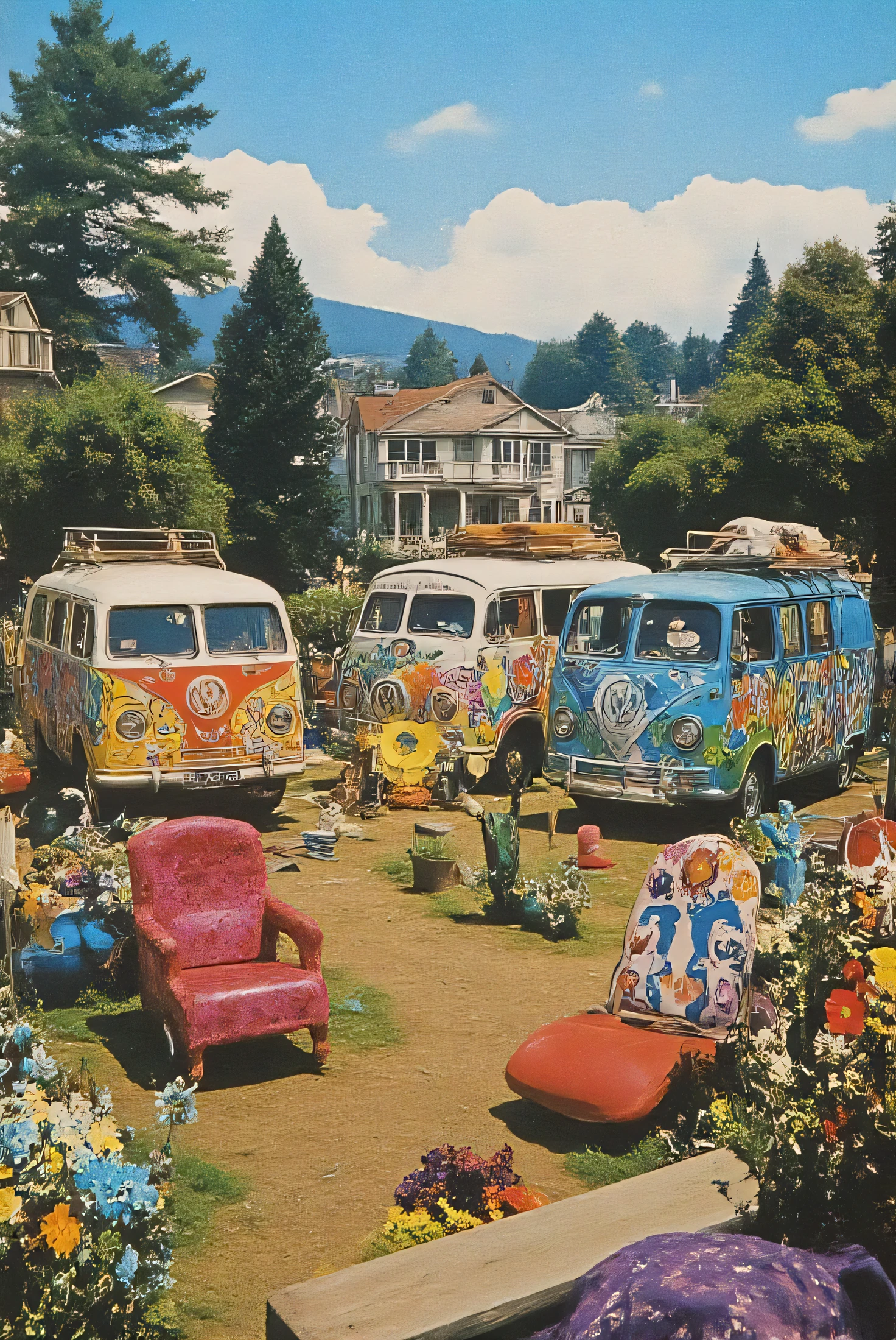 A serene and cozy California landscape that embodies the vibrant colors and carefree atmosphere of the 1960s hippie culture. The image should include painted Volkswagen vans, floral patterns, and DIY elements, reflecting the peace and love ideology of the era