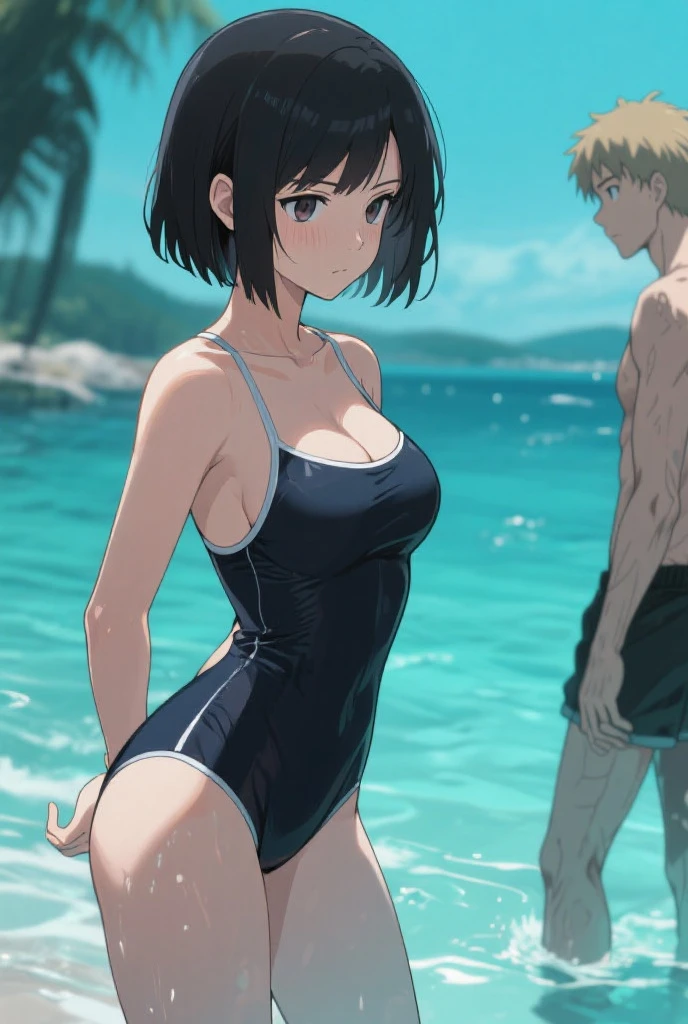ランダムなポーズ、Random patterned swimsuit、Random patterned swimsuit,Swimsuit,Blushing、Medium Hair、Black Hair、Black Eyes、Head to toe full body、Blushing、Embarrassed look、Composition from the front、A view from slightly below、school swimwear、Acme Face、Random pose、, 、nsfw、Highest quality、1 girl、solo、Ocean、Sandy Beach、Sexy pose、Random pose、Blushing、wet、Embarrassed、I can see half of my 、、One piece swimsuit、(Strap slip:1.3)、