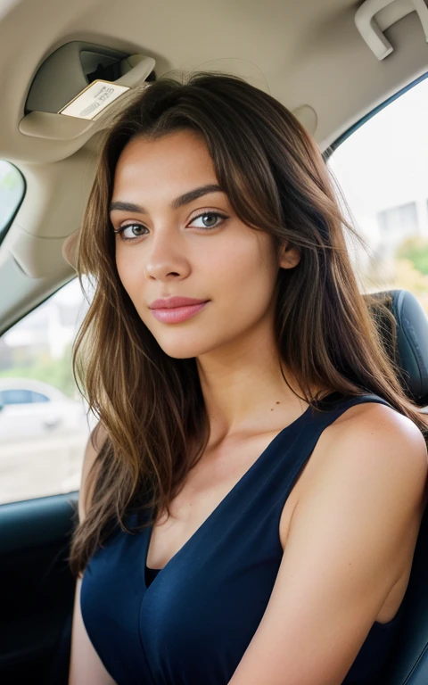 A hyper-realistic portrait of a stunning 21-year-old woman with luscious, full lips and mesmerizing green, almond-shaped eyes. She has flowing brown hair that frames her face perfectly, giving her a captivating and glamorous look similar to Madison Beer. Her expression is warm and inviting, illuminated by the soft, golden-hour sunlight that highlights her features beautifully. She is sitting in a stylish car, dressed in a sexy emerald green dress, laughing joyfully. Capture this image with a high-resolution photograph using an 85mm lens for the most flattering perspective and depth of field. The background should subtly showcase the interior of the car, enhancing the overall luxurious and vibrant atmosphere.