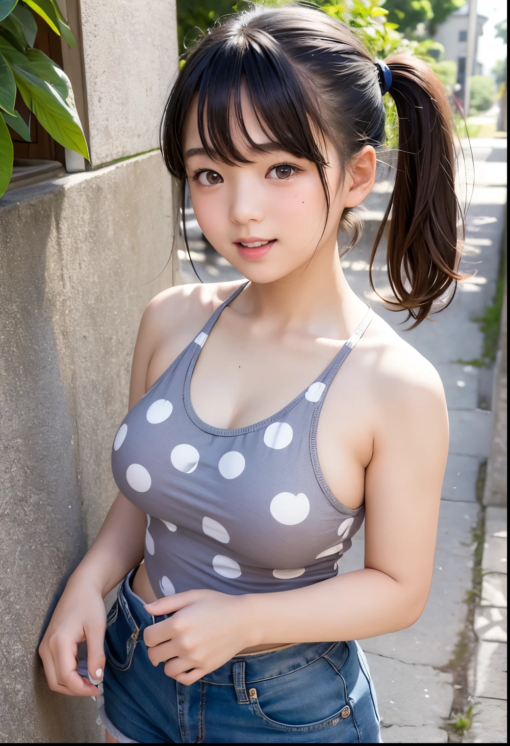 ( Highest Quality, masterpiece:1.3, recording ),( very detailed、 caustics) ( exists:1.4, RAW shooting、)Ultra- exists Capture、 very detailed、 natural skin texture 、 masterpiece、( Japanese elementary school girl wearing an alphabet print tank top 、 Japanese elementary school girl wearing extremely short pants :1.3)、 , include emotional expressions such as dizziness 、expression of joy、、: 、BABY FACE、 Innocent Girl、 is amazingly cute、 twin tail hairstyle 、 black hair、 Big Breasts、 Shining thighs、Residential Sidewalk 、Background details、smile、 charming gaze 、( Anatomically accurate body depiction)、 ATTENTION TO DETAILS 、standing with back against wall、