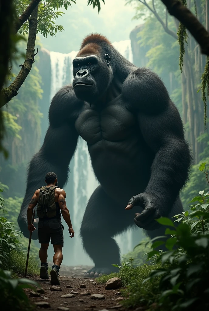 Gorila gigante andando no meio da mata, penhascos em volta, anatomia perfeita, King Kong, detalhes precisos, 8k, foto premiada