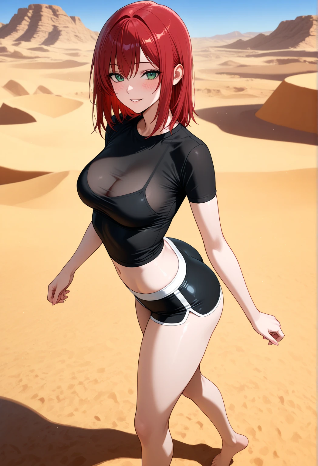 ((Masterpiece)), 8k wallpaper,,best quality,(standing ),(looking at viewer), purple eyes, ( perfect hips),(detailed position body),cowboy shot, nishikino maki, red tank top, blue pants, smile, in Egyptian desert