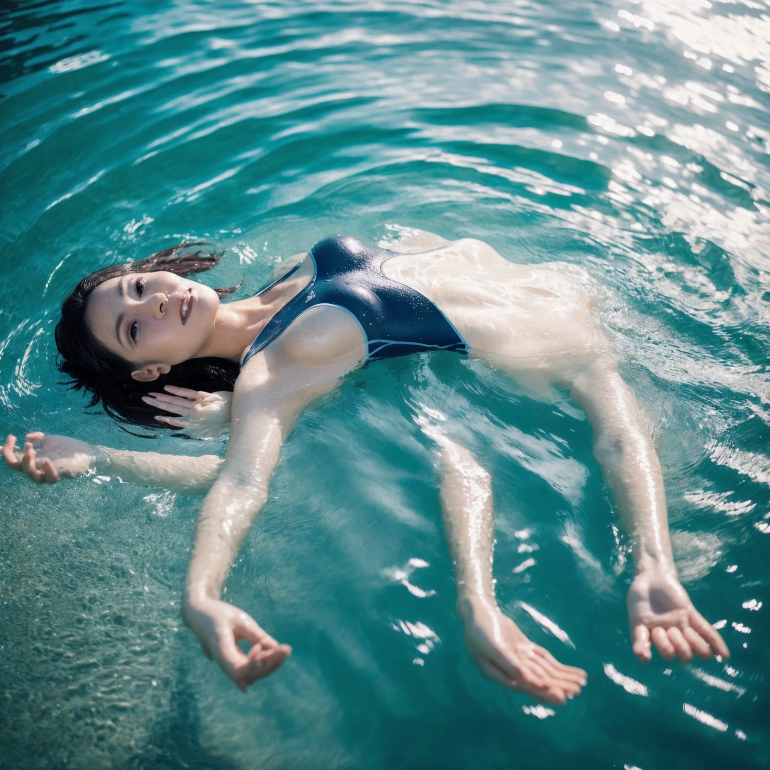 A young girl sinks to the bottom of the water、Wearing long gloves on your arms、Wearing sheer tights on the legs、long-haired bright green color、Wearing a bikini、Jump into the water and lie on the seabed、laying on back、Troubled face、Open your eyes wide、Open your mouth slightly and exhale、Spit out elongated foam from the mouth、hard breathing、The upper body is sunken、arched back、Thrust hip-shaped legs spread、profile、Full body view、bblurry、Many intense bubbles、dynamic ungle
