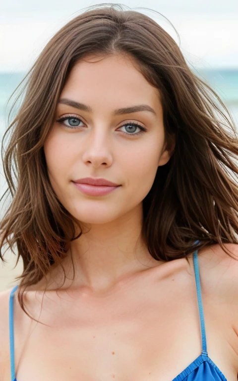 (1 German woman), toned, pretty figure, (realistic long wavy curly hair), honey blonde, wearing a colorful bikini, triangular face, very detailed face, perfect make-up, realistic skin texture, perfect face, blue eyes, [ [Curved Nose]], round chin, full lips, red lipstick, breathtaking look, natural breasts. She is on a sandy beach. The sea and a beach hut can be seen in the background. High Resolution, Ultra Detailed, Highest Quality, Amazing Details, [Full Length View], [Facing Viewer]