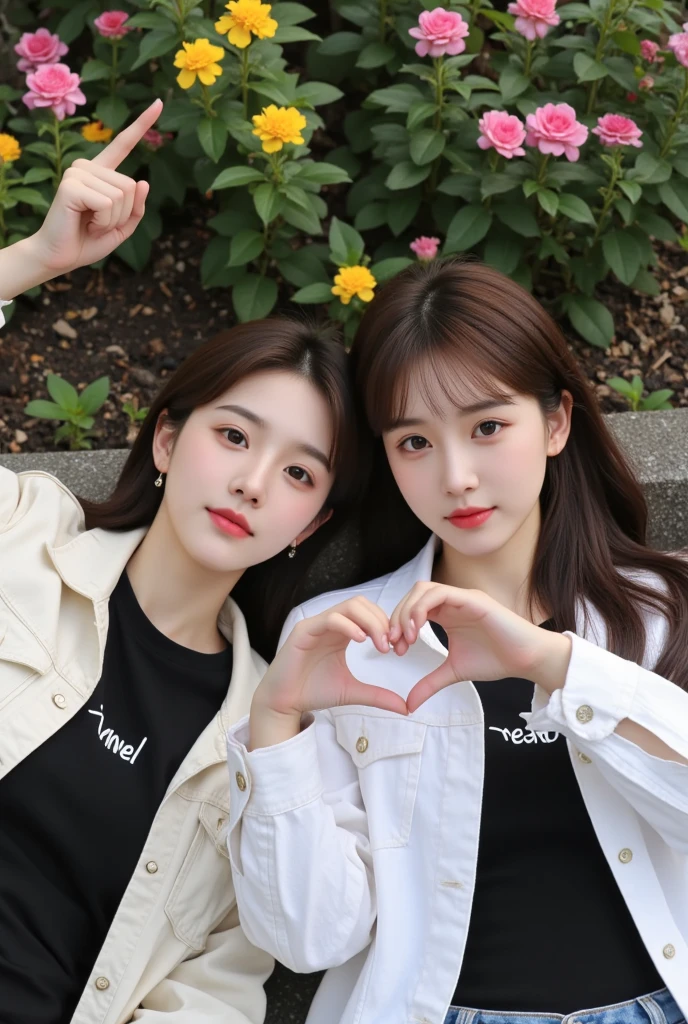 （超高分辨率，RAW photogr，realisticlying，tmasterpiece，best qualtiy：1.4），Complicated details，2 20 year old Korean girl，Wear a loose black T-shirt and skinny jeans，Stand on the grass and take pictures，hugs，Intimate relationships，Detailed meadow，A sweet smile on a small face，Ultra-realistic facial details，The face and skin are pink and white, and luminous，Playful and coquettish pose，The calves are straight and slender:1.2，Wear high-end brand sneakers:1.0，eventide：0.3，Broad lighting，naturalshadow：1.0，超高分辨率，taking a full body photo:1.8 --auto