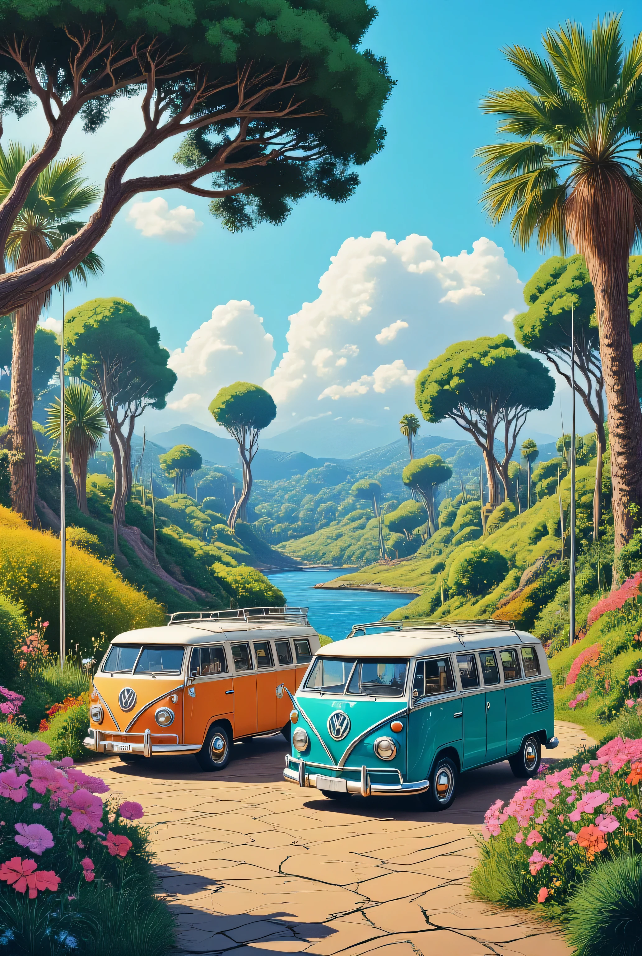 A serene and cozy California landscape that embodies the vibrant colors and carefree atmosphere of the 1960s hippie culture. The image should include detailed painted Volkswagen vans, detailed floral patterns, and detailed DIY elements, reflecting the peace and love ideology of the era