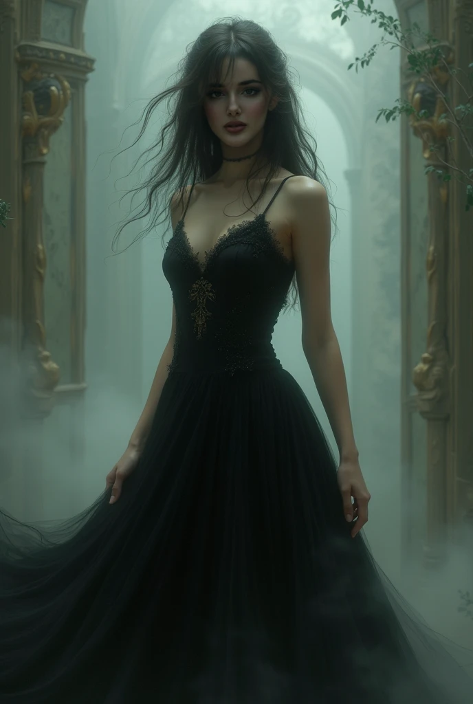 A woman with big curly hair and a black dress 