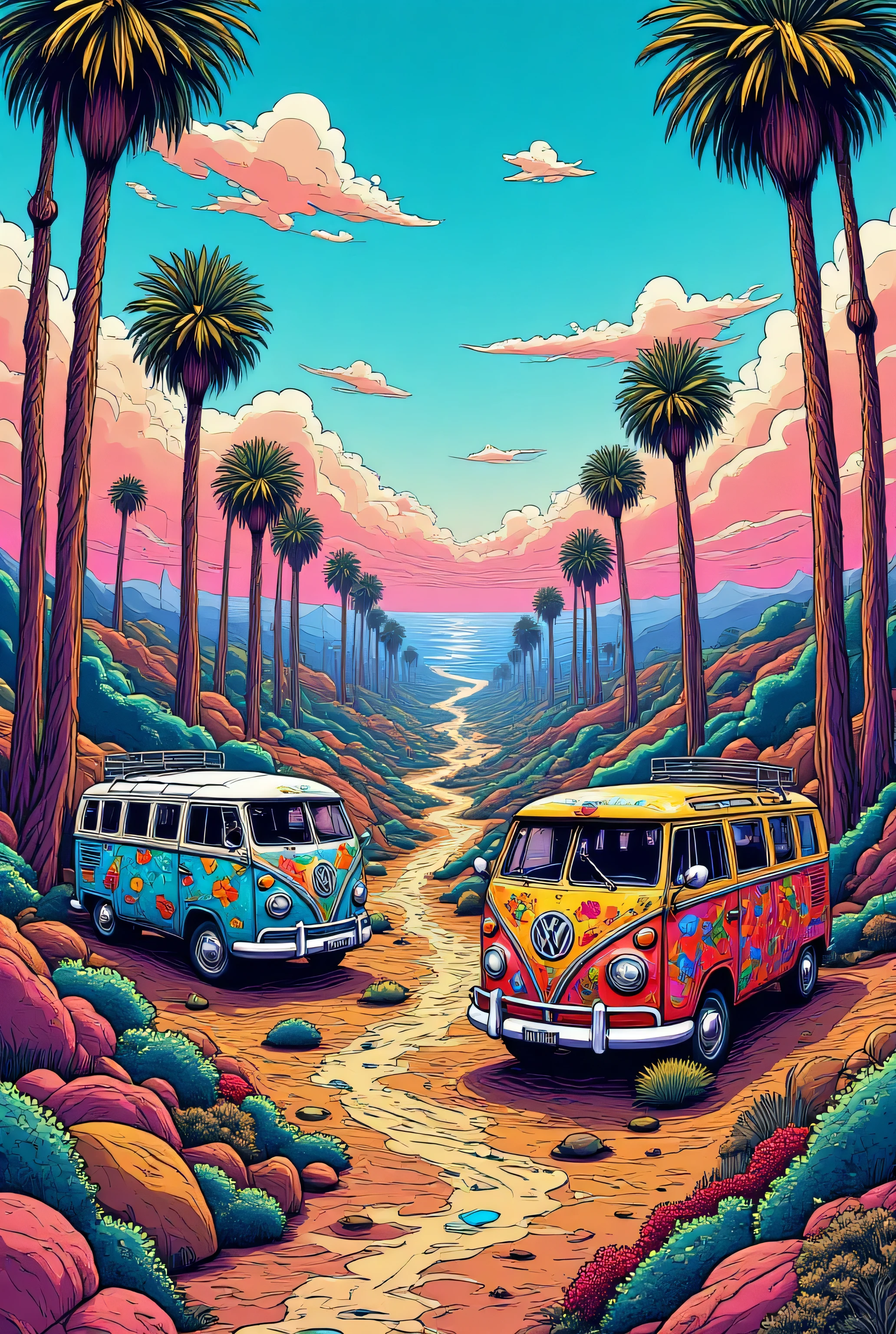 A serene and cozy California landscape that embodies the vibrant colors and carefree atmosphere of the 1960s hippie culture. The image should include detailed painted Volkswagen vans, detailed floral patterns, and detailed DIY elements, reflecting the peace and love ideology of the era
