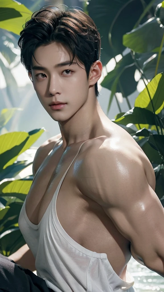 (best quality,4k,8k,highres,masterpiece:1.2),ultra-detailed,(realistic,photorealistic,photo-realistic:1.37),shirtless wet face and full body, full body pic, sweat glistening on his skin,raindrops falling down his toned chest,rugged jawline,perfectly sculpted abs,rippling muscles,sinewy arms,light reflecting off his wet hair,dark intense eyes,piercing gaze,exuding confidence and allure,wet droplets on his full lips,determined expression,subtle shadows highlighting his facial features,glistening water droplets on his body,highlighting his defined physique,tattoos peeking out from beneath the wet skin,glistening sunlight filtering through the trees in the background,lush green foliage surrounding him,creating a serene and captivating atmosphere,dramatic lighting casting shadows on his chiseled face,emphasizing his strong features,creating a sense of mystery and intrigue,striking contrast between his wet skin and the dark background,contrasting textures of wetness and roughness,depicting his raw masculinity and power, full naked, big ass, show his big penis, long big dick masturbate,