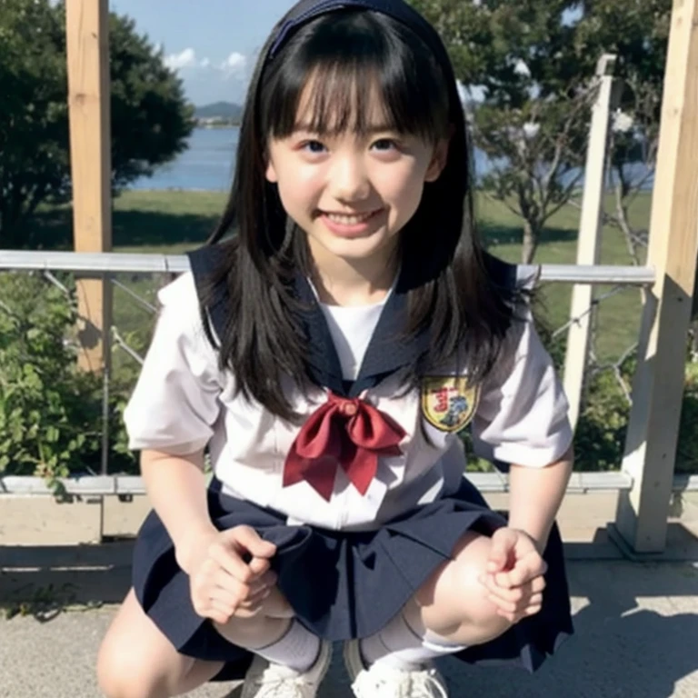 Young, elementary school student, black hair, short pigtails, uniform, legs spread, showing genitalia, smile, joy