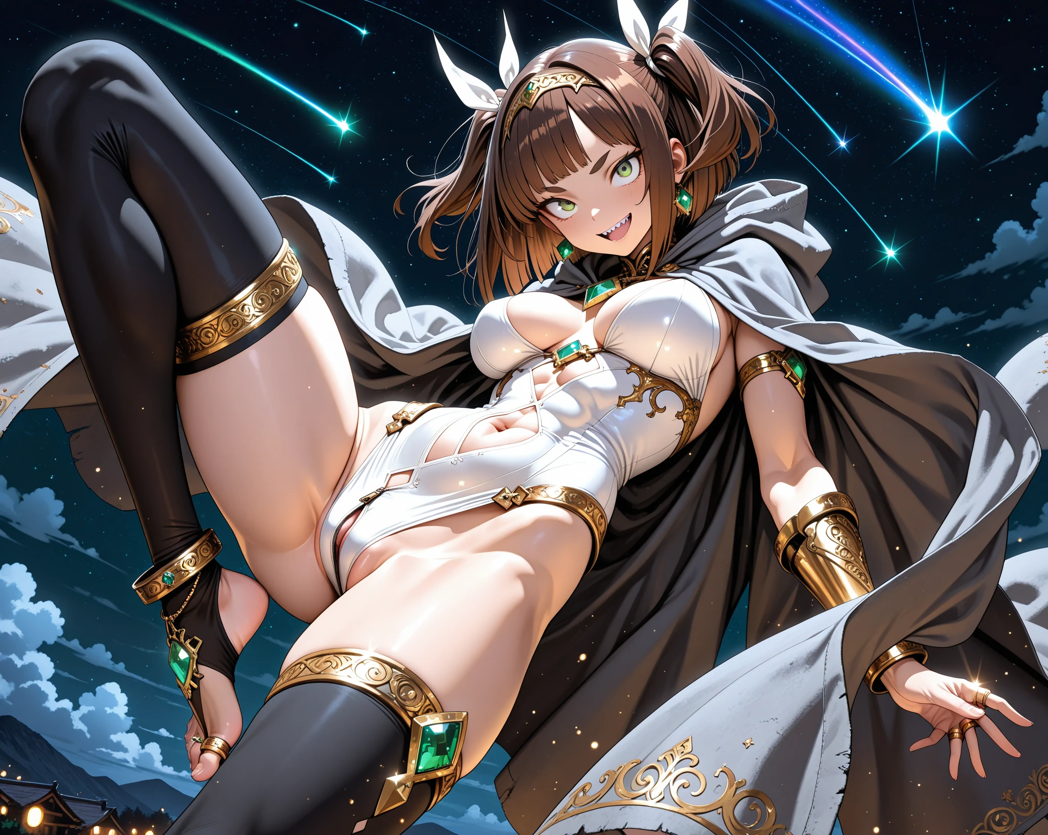 (((spread legs)))、cloak、(((Golden Tattoo)))、(((naked)))、(((pubic hair)))、female organ、Beautiful beauty、short brown hair、((whole body))、(((Photo taken from below)))、night sky、The background is a night forest