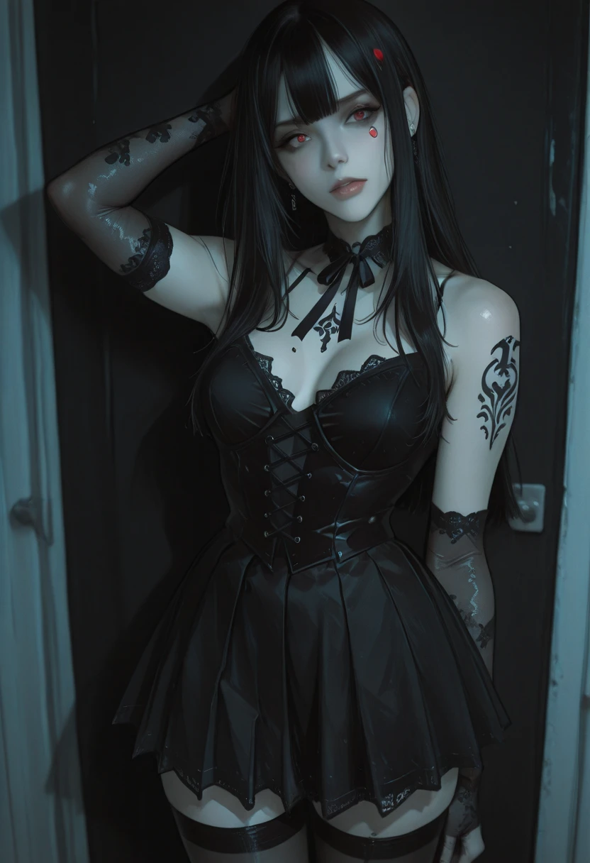 arafed woman in a black dress posing for a picture, digital art inspired by Edo Murtić, reddit, gothic art, amouranth, goth girl, goth, angelawhite, better known as amouranth, webcam, shot on webcam, profile pic, dark goth queen, very beautiful goth top model, young beautiful amouranth, goth woman