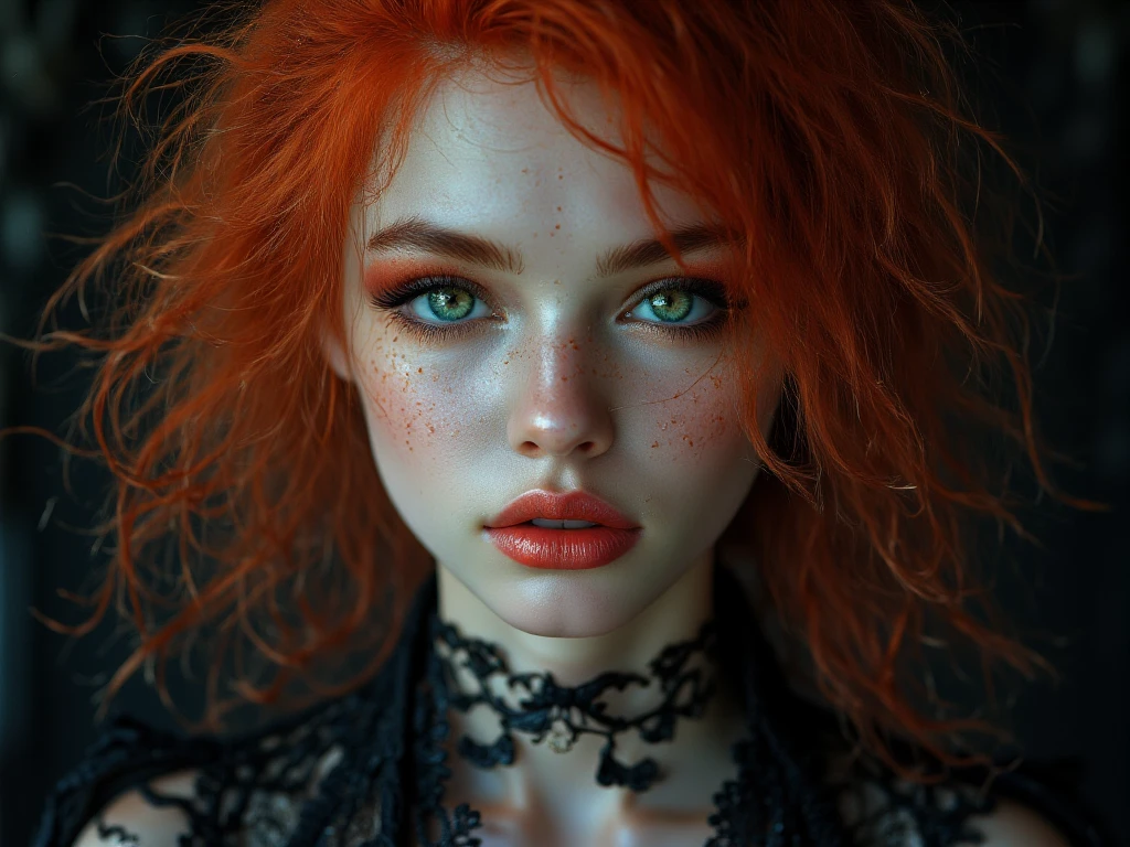 Woman with moles on her face, neck and chest, emerald green eyes, full red lips, upturned nose, wavy red hair