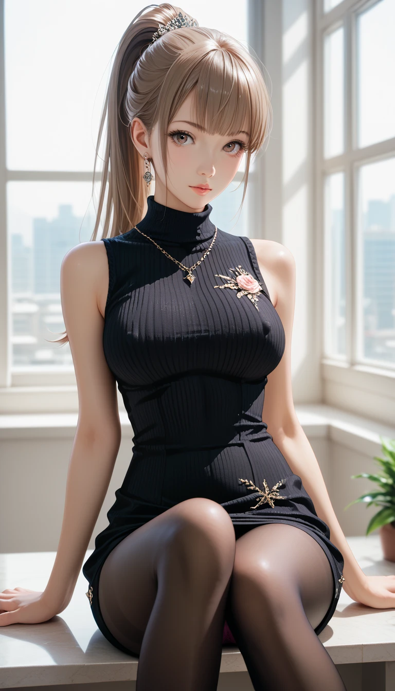 Masterpiece: 1.2, Best Quality), Realism, (Real Pictures, Rich Detail Detail, Depth of Field), (1 Girl, Solo), Makeup, High Detail, Perfect Face Shape, (: 1.4), (Skin Dents), Thick Thighs, Broad Buttocks, Thin Waist Line, High, Coral, Red Lips, Red Eyes, Ponytail (Girls, Tulle Transparent), (Sweat: 1.2), (Wet), Sexy, Blush, (Shy Expression), Suspenders, Tank Tops, Short Skirts, Shorts, Yoga Pants, Tight Short Skirts, Tight Shorts, stockings, fishnet socks, pajamas, pleated skirts, skirts, hip skirts,