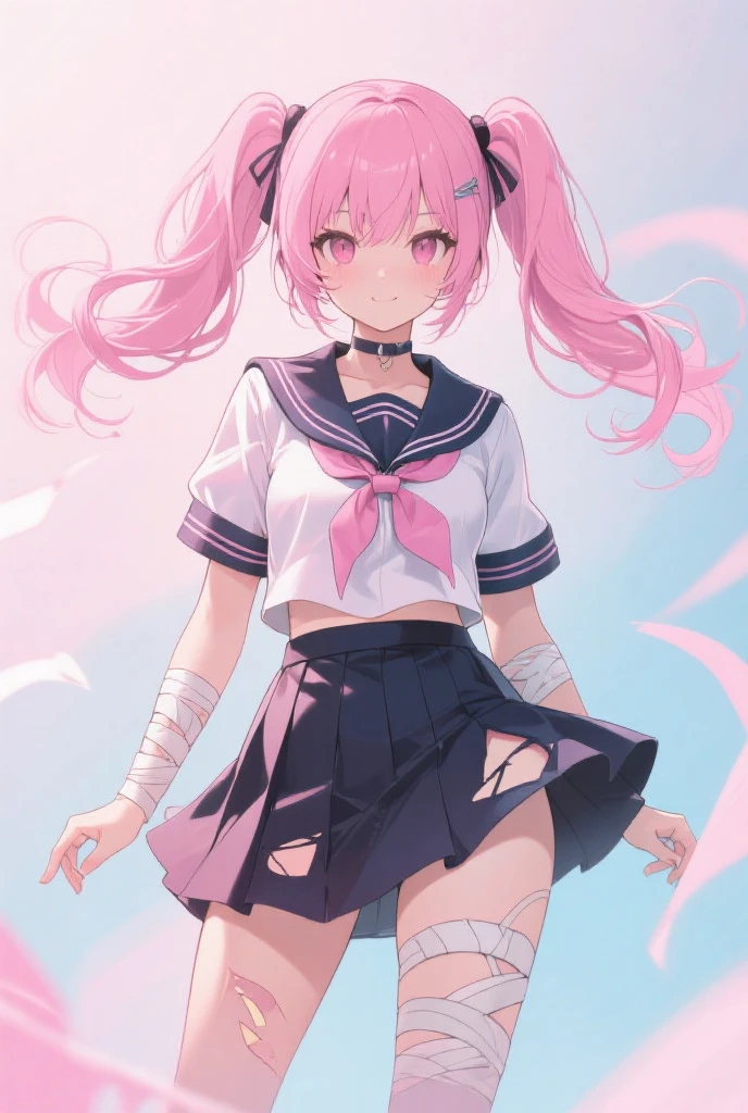 (((anime-style cute face)))、(((30-year-old woman))),(((Light blue twintails))),Highest quality, ((Sharp details)), (8k, RAW Photos, Highest quality, masterpiece), (looking at the camera),((((Cute Smile))))、Very big eyes、Sparkling eyes、(anatomically correct body)、((Good looking body balance))、Big thighs、The face is bright、Professional Lighting、Cute little breasts、The sailor uniform is shiny pink:1.8、Shoulder、Belly button、Long glossy black arm covers、Pink mini pleated skirt with lively frills:1.8、Pure white panties、Just a little panty shot、Very long shiny black patent leather boots、Full body shot、Cute gesture posture、The hair ribbon is pink:1.5、Shot with a standard lens、The depth of the written world is shallow、Focus on the face、Photo studio、The costume fits the body very well、