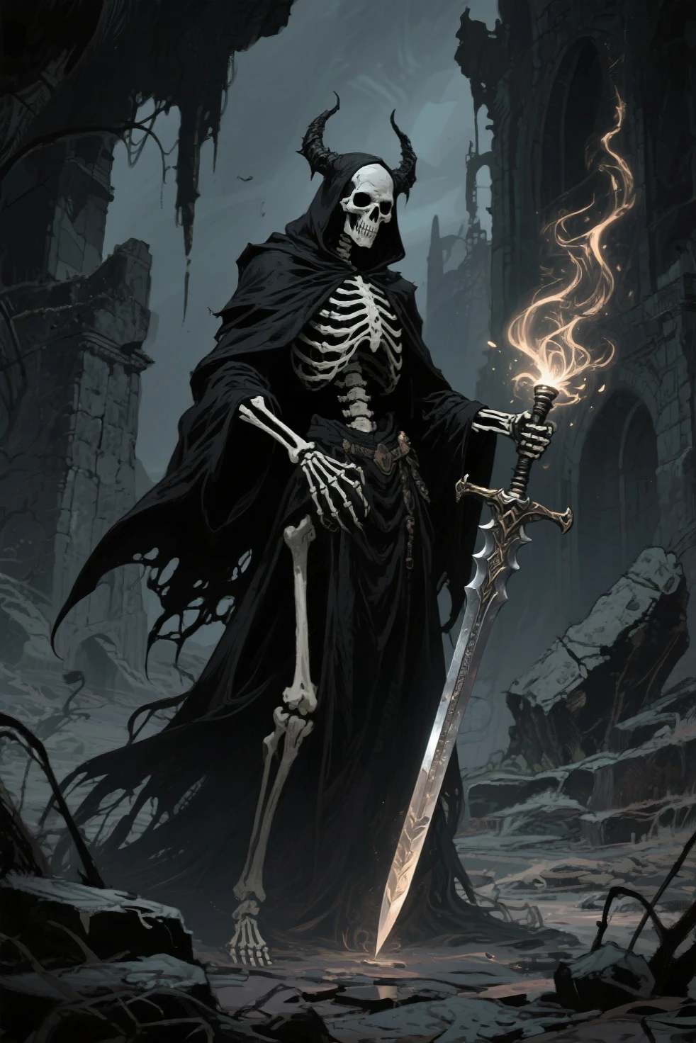 skull、Wang、crowns、skeleton king、Holding a big sword、Dark forces、(((Hyper Real)))、dark ambiance、Darkness drifts in the air、