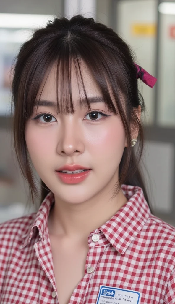 (1 girl:1.3),Take a break, half body shot, Japan, 17 year old model, (((I'I hold the camera))), Fat body type, Plump, high school girl, (from before), (Highest quality:1.4), Resolution 32k, (realistic:1.5), (Super realistic:1.5), High resolution 32k UHD, (Masterpiece:1.2)), (Improvement of quality:1.4), (The facial details are very beautiful.), (Highest quality realistic skin texture:1.4), (perfect anatomy:1.2), (standing:1.37), (((School uniform, tied pattern ribbon, Long-sleeved shirt with pink collar:1.15))), red plaid pleated skirt, Take a break, Don't emphasize the top of your chest., ((In the classroom:1.15)), precise finger, Superb details, symmetrical eyes, Watch the audience, natural makeup, ((Good eye for quality:1.2)), (tired, Drowsiness and satisfaction:0.0), (beautiful lips:1.33), (good nose:1.2), ((Physical background representation:1.37)), devious:1.2, big breasts), (Heavy chest:1.1, Plump lower body), brown hair, (natural curly hair:1.37), Worried faces, Gentle light shines on the face and body., Amazing and inspiring cinematic lighting