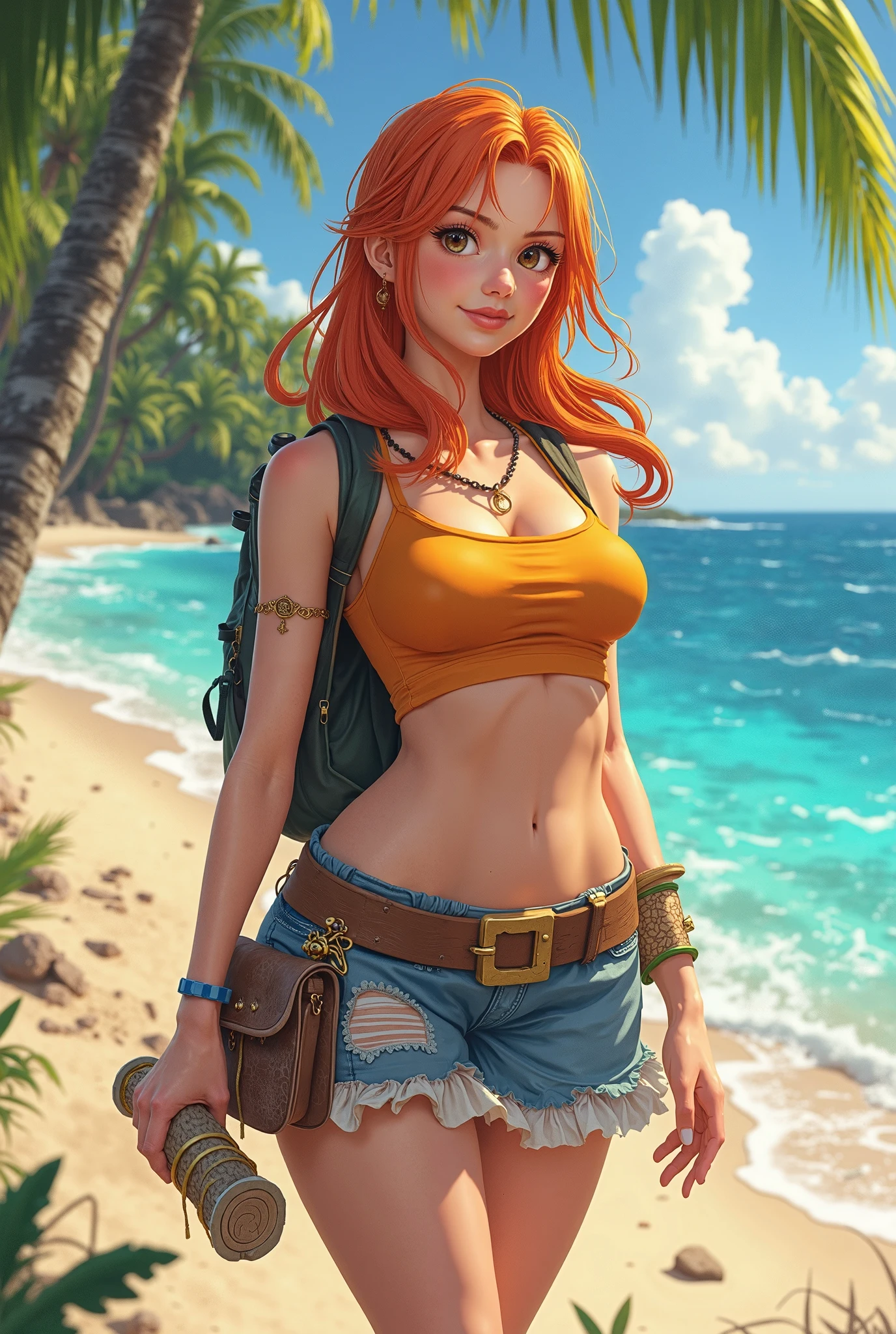 (masterpiece), best quality, expressive eyes, perfect face, (beach with palm trees background), (standing next to palm trees), (smirk), (cleavage view), (1girl, age 18+, fair skin, orange hair, long hair, curly hairstyle, hazel eyes, hourglass figure, thin body, skinny body, petite_body, large breasts, huge breasts, oppai, large cleavage, wide hips, thick thighs), ((light_green v-neck shirt), exposed cleavage, croptop, short sleeve, (dark_green shorts), round lense glasses), bmb-fc,