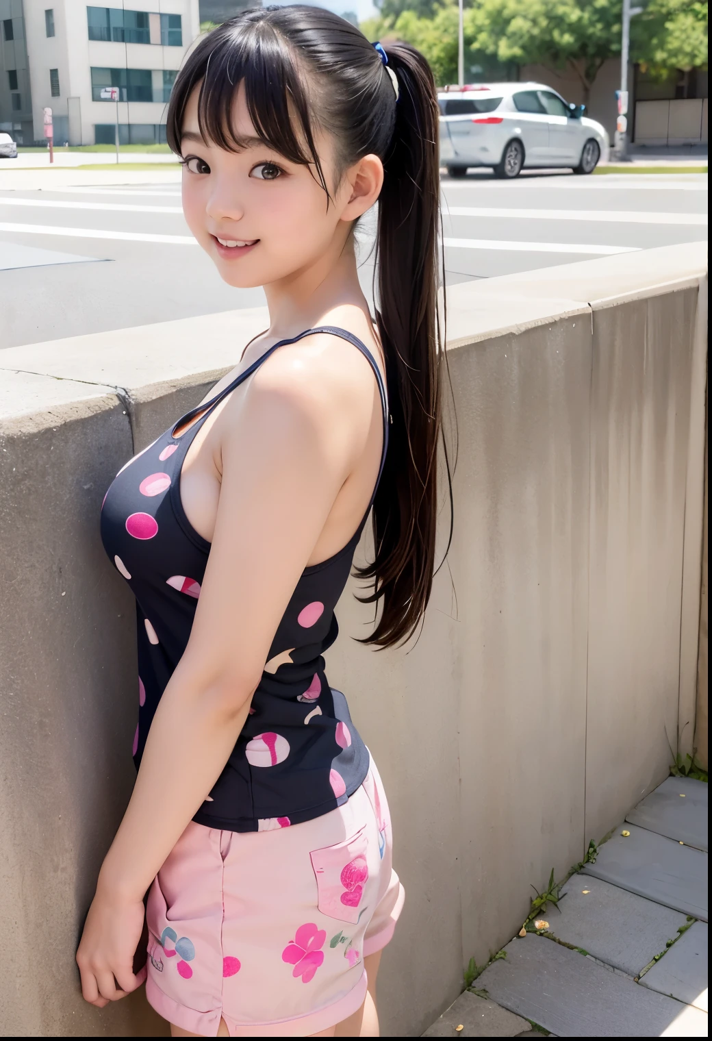 ( Highest Quality, masterpiece:1.3, recording ),( very detailed、 caustics) ( exists:1.4, RAW shooting、)Ultra- exists Capture、 very detailed、 natural skin texture 、 masterpiece、( Japanese elementary school girl wearing an alphabet print tank top 、 Japanese elementary school girl wearing extremely short pants :1.3)、 , include emotional expressions such as dizziness 、expression of joy、、: 、BABY FACE、 Innocent Girl、 is amazingly cute、 twin tail hairstyle 、 black hair、 Big Breasts、 Shining thighs、Residential Sidewalk 、Background details、smile、 charming gaze 、( Anatomically accurate body depiction)、 ATTENTION TO DETAILS 、standing with back against wall、