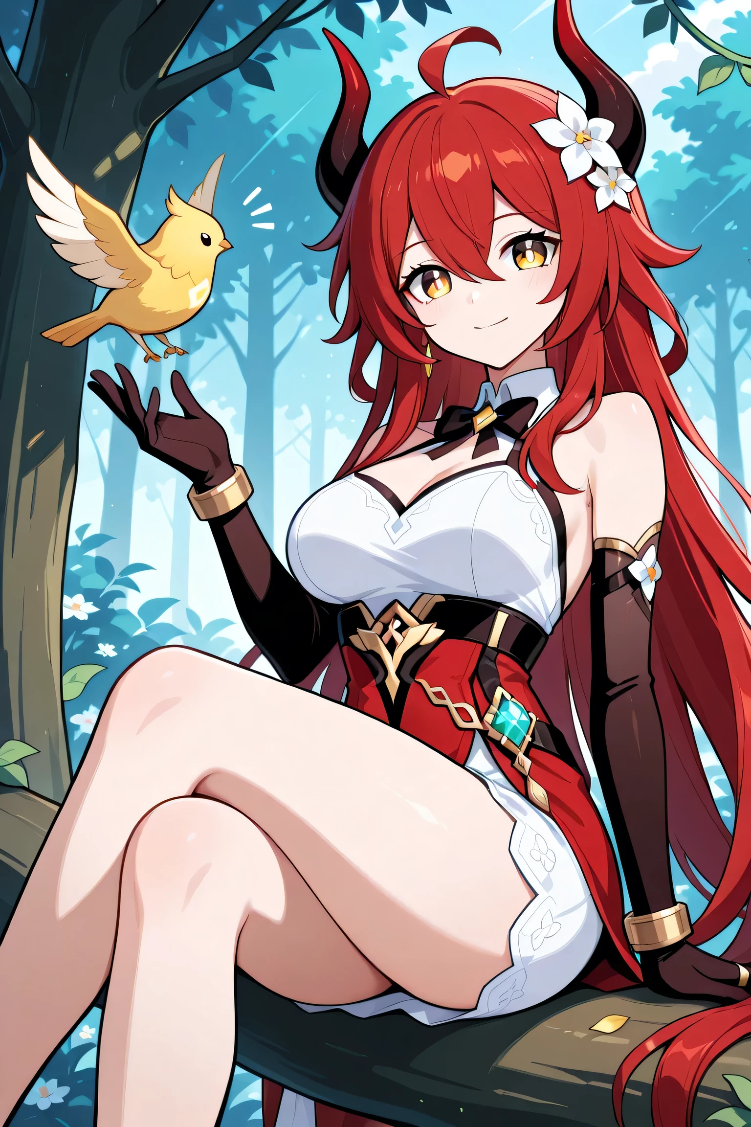 1 woman , adult, golden eyes , very long hair , long sidelocks, red hair, petite , very cute , beautiful ,Straight hair, cool, handsome, hair between eyes, sexy, large breast, sticker, forest (background), focus on face, flowers, vines, sitting on a tree branch, smile, pink, purple, green, short dress, ahoge, accessories, natlan design, yellow bird, Genshin impact style, hair between eyes, bangs, tight gloves, flower hair ornament, bows, feather, belt, gemstones, ahoge, horns, bow, gold bracelet, gold ring, short dress, bow tie, flower accessory, flower bobby pin, hair pin, vignette, HONKAI STAR RAILWAY CHARACTER, HONKAI STAR RAILWAY BACKGROUND, drawn style, smooth lines, seamless lines, genshin official artstyle, genshin art