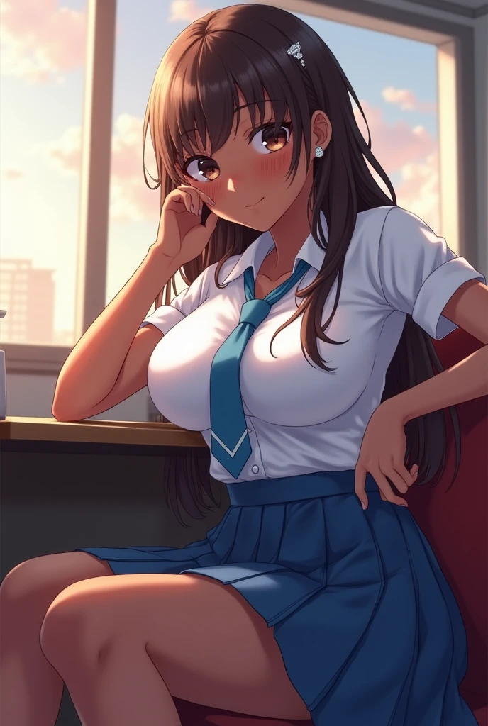 (Masterpiece), (top quality), natural lights, ,(realistic:1.5), Rin Tohsaka in a , white blouse, pleated skirt, tight stockings up to the middle of the leg, cleavage, blue eyes, smiling, sexy pose, looking at viewer, eye contact, detailed empty classroom in background, seductive_pose, sit on a desk, big breasts, big hips, high saturation, precise hands, bright eyes, ultra-definition, superior resolution, soft lightning