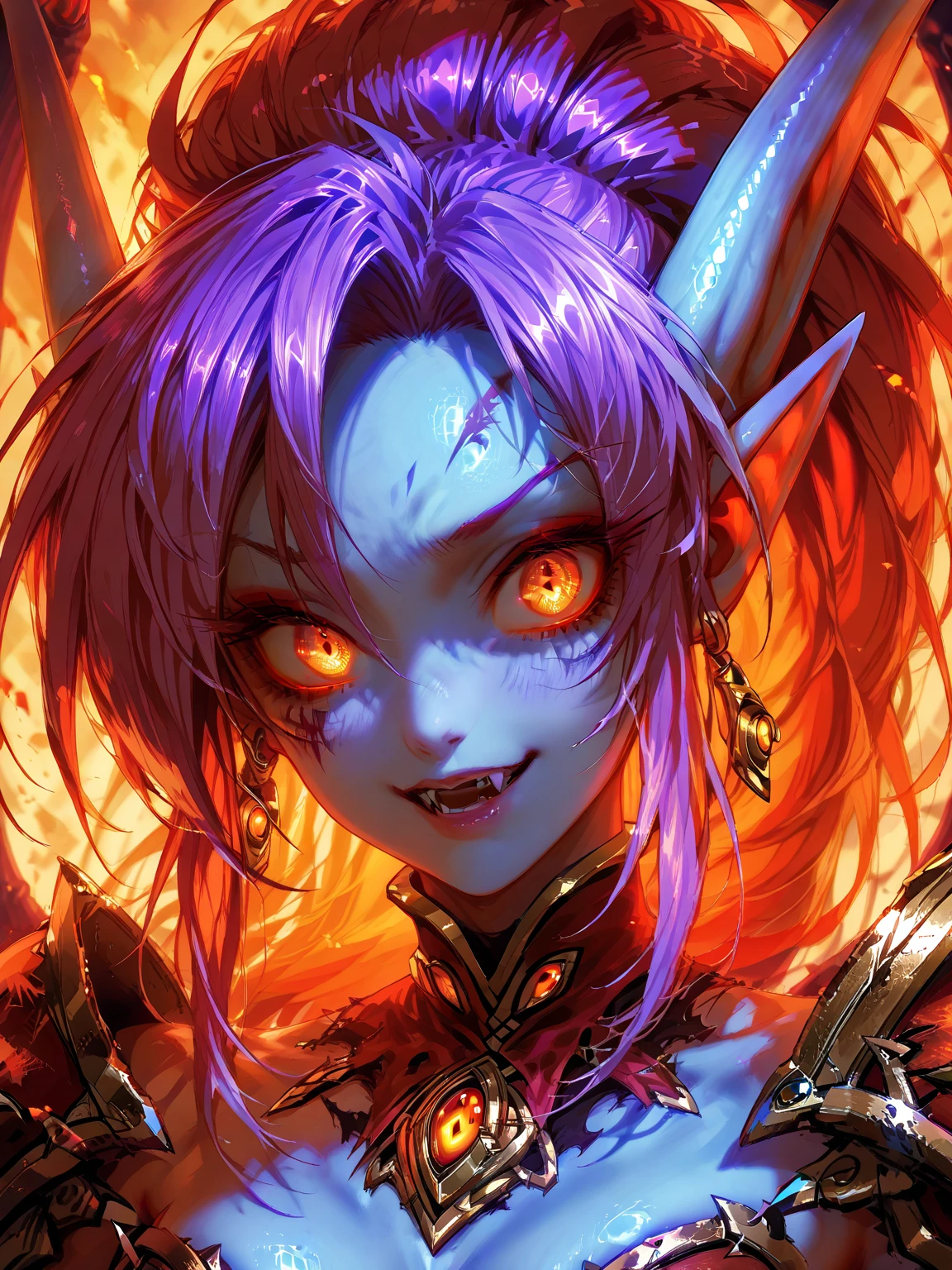 masterpiece, high quality, highres, novel illustration, <lora:Goddess[Hard]:0.5> Goddess, Goddess Style, Battle Goddess, Godlike Creature, Godlike, monster girl, colored skin, colored sclera, orc, fangs, smile,