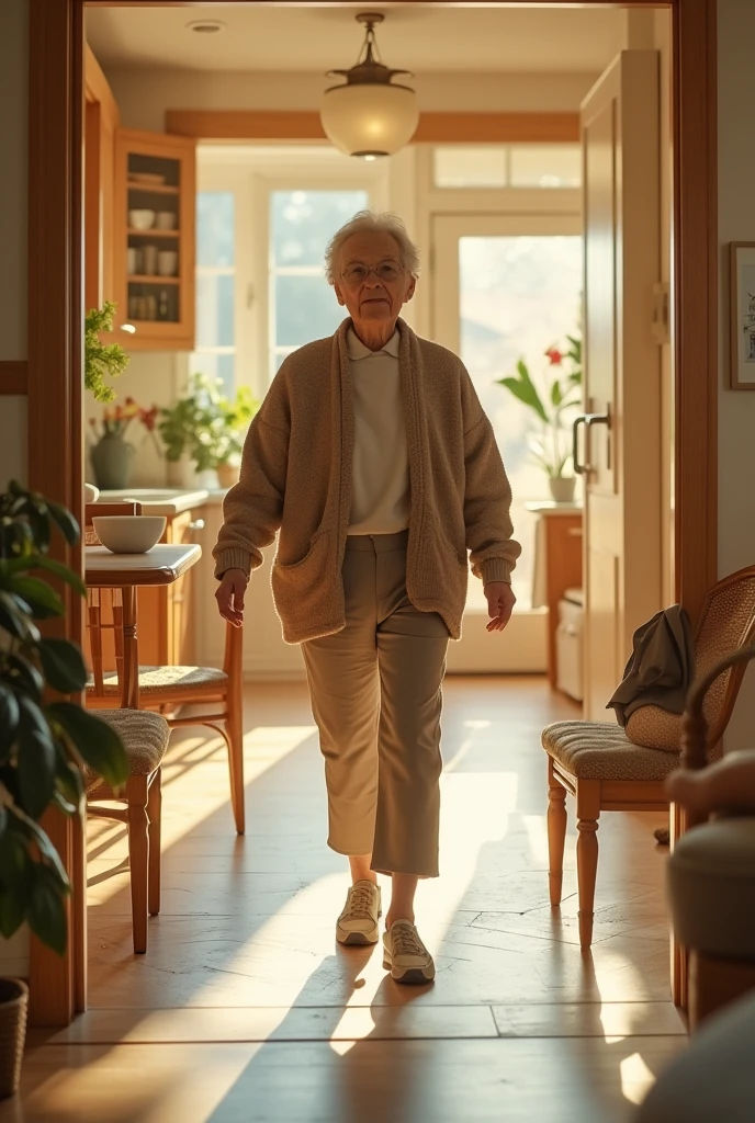 Create an image of a grandmother standing next to the door of her house, where the place is a little dark.