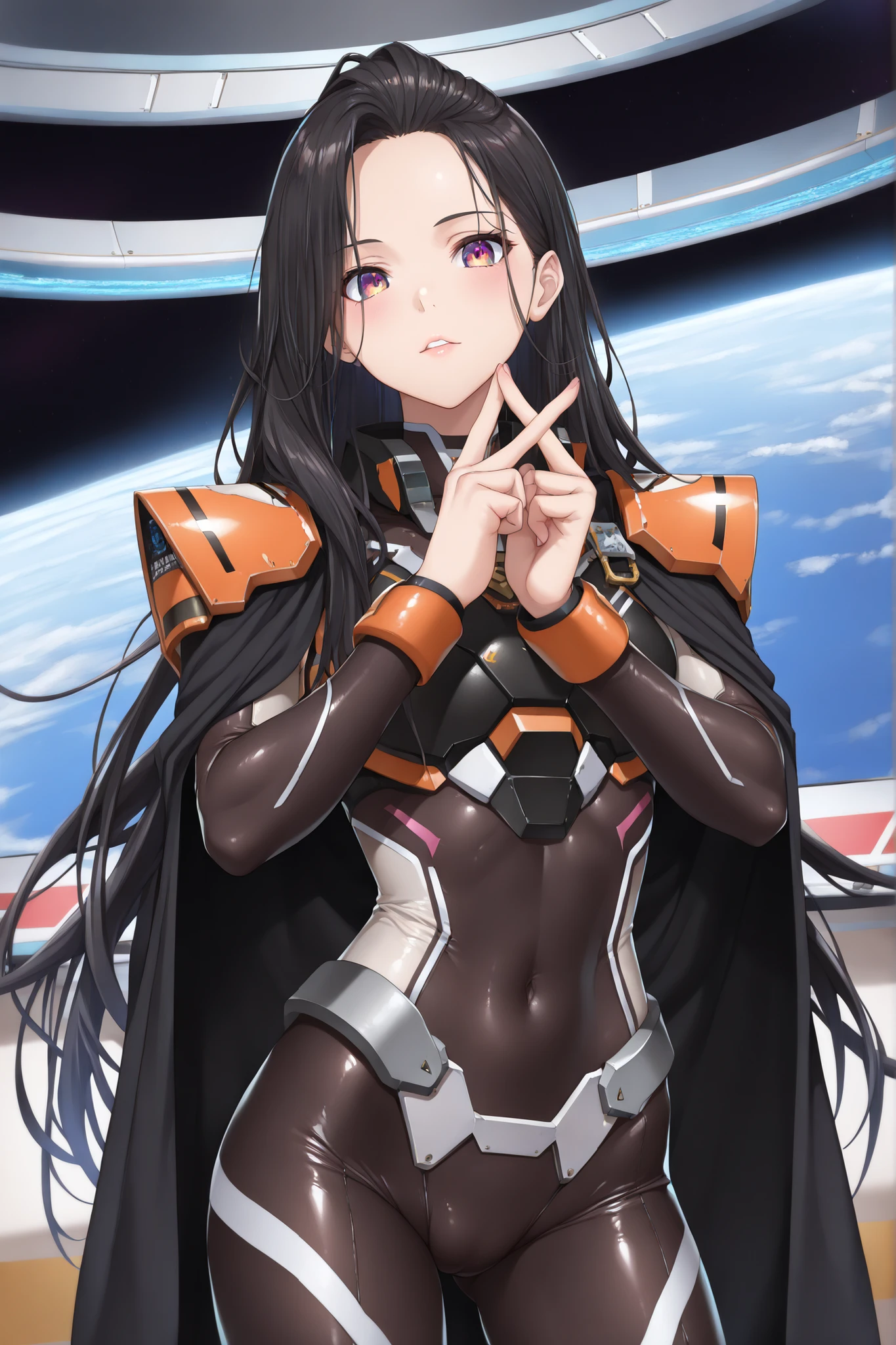 (masterpiece:1.3), (absurdres:1.3), (best quality:1.3), (ultra-detailed:1.3),(best shadow:0.7), (colorful), (detailed eyes:1.1), (perfect face:1.3), perfect anatomy, (correct body structure), perfect arms, perfect fingers, (correct fingers count:1.3), ((1 girl)), (in her 20s), (NSFW), Her black hair, which reached her waist, was smooth and glossy. Her confident eyes radiated strength, and her lips conveyed a sense of determination. Her youthful features gave her a cute, puppy-like appearance. She was still small in stature, wearing a form-fitting black reinforced suit, with a jet-black cape draped over her shoulders. (very long hair), (hair reach waist), (youthful features), (small stature), Space station as background.
