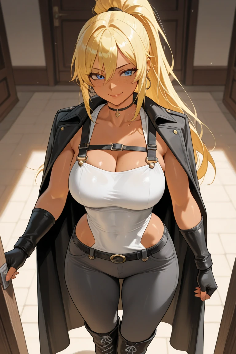 balalaika, blonde hair, long hair, 1girl,  mole under eye, blue eyes, blonde hair, masterpiece, best quality, highly detailed, a girls with a gun, evil smile , open mouth, sexy gaze, badass
pose , evil smile, smile, (nsfw) not safe for work, guns blazing, anime girl with long hair, beautiful long
haired girl, navel, evil expression, exposed belly, exposed navel, exposed midriff, exposed lower belly,
long black pants, crop top, cleavage, unbuttoned leather pants ,open fly, low rise black leather pants,
leather jacket, holding a gun, outdoor,street,road
