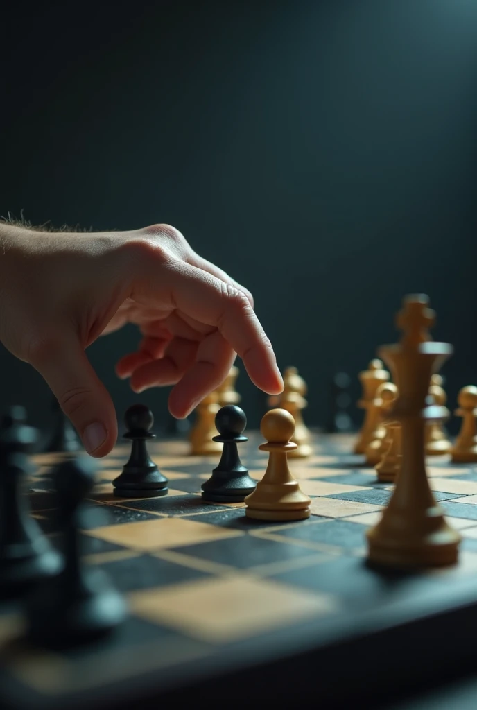 Flying trick card drawing, with a mate and chess pieces on the sides 
