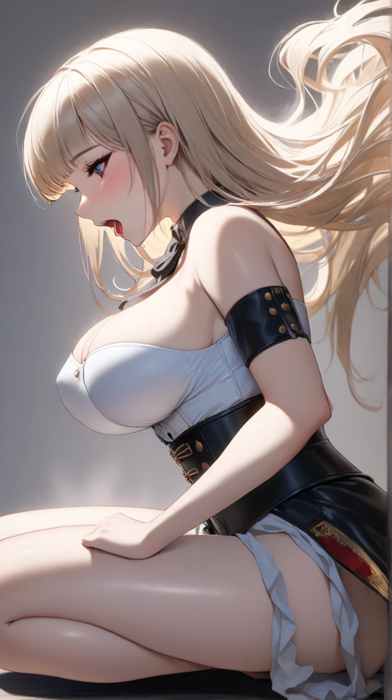 top-quality、realistic touch,high-detail、photoRealstic、skirts that are too short、big eye、Big breasts that are about to fall out of your clothes、Strong platinum blonde eyelashes、platinum-blonde、Beautie、A sexy、full body Esbian、Sparkling eyes、Submissive smile、Flushed cheeks、Kamimei、thin-waist、Voluptuous thighs、Enraptured look、Raked bangs、The forehead is protruding、See-through clothing、high-heels、Get down on all fours and look up at me、Inside a dim wooden room、She is chained off-screen with a collar and chain..、With my mouth wide open、Sticks out her very long tongue、Fold your hands behind your head、long tongue、Sticks out her very long tongue、Sticks out her very long tongue、She directly licks the water from the plate on the floor、Licking the plate with an extremely long tongue