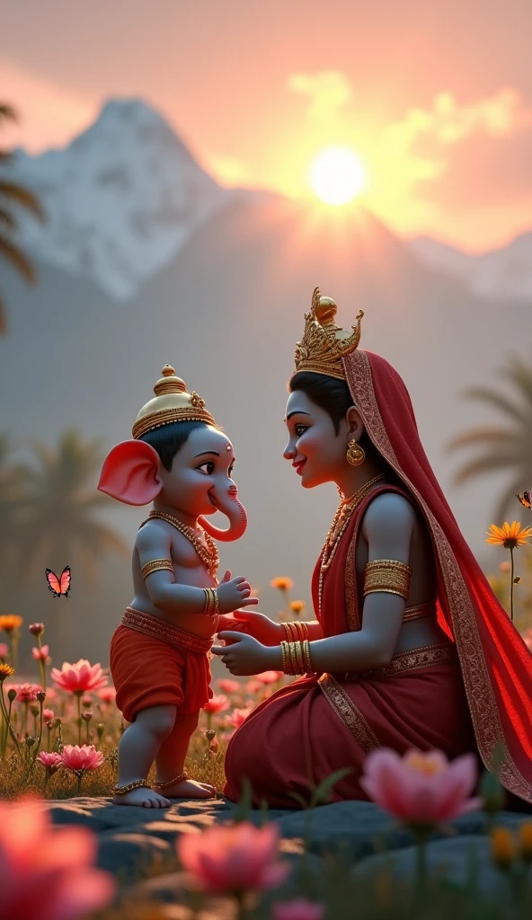 2d cartoon style "Ganesh Comes to Life**: The moment Ganesh, with a human form, comes to life aParvati breathes life into him."