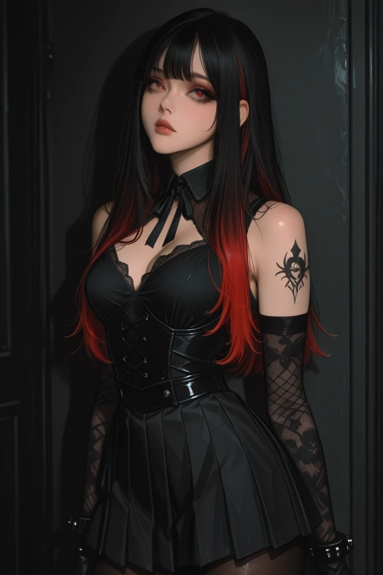 1 girl, solo, details, masterpiece, best quality, photorealistic realism, beautiful girl, long hair, black hair, skull headband, gold earrings, (((red eyes))), beautiful face, skull necklace, perfect body, large breast, open chest, black long dress, skull bracelet, gold earrings, gold belt, (((black panty))), harp instrument, (((sleep in ancient bed))), (((turn back))), (((show her butt))), dark sky, dark temple,