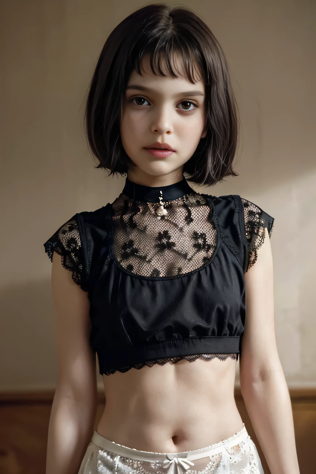 (Matilda, ta, Natalie Portman from LEON the Professional movie), short hair with bangs, Face of pleasure, face, s, ((((Clothing see-through Matilda lace outfit)))), slim female, Mathilda outfit, detailed face, smirk, ((small breasts, small head)), daylight, sunlight, (perfect body: 1.1), (), (short stright hair: 1.2), black choker, full body photo, street, thin thighs, (extremely detailed 8k CG wallpaper), (an extremely delicate masterpiece), (best quality: 1.0), (ultra high resolution: 1.0), beautiful lighting, perfect lightning, realistic shadows, [high resolution], detailed and ultra-detailed skin, (((color))), perfect angle, confused expression, lost. Small waist, perfect hands, perfect fingers, perfect small round breasts, perfect face, perfect body, perfect image, hentai, taboo, fetish, Ecchi, raw, intricate Details, high quality, 64K, UHD, see-through clothes (small thin white transparent cropped lace top, breast visible underneath croptop), no bra, nipples, downblouse view, 