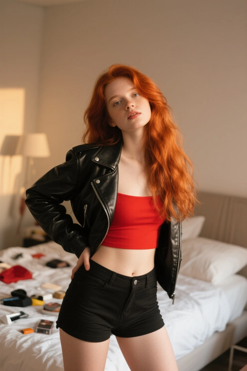 a photo of a seductive woman with loose styled (redhead hair:1.1), bored, she is wearing a hoodie and black leather jacket and leggings, mascara, (textured skin, skin pores:1.1), (moles:0.8), imperfect skin, goosebumps, flawless face, (light freckles:0.9), (sun-kissed:1.1), ((photorealistic):1.1), (raw, 8k:1.3),