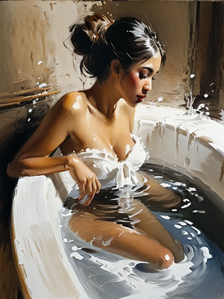 stunning realistic picture, masterpiece, high detail, small strokes, positive and joyful tones, use soft pink color, Gorgeous woman, naked in the shower, washes in jets of water, hands raised above her head she washes her hair, butt turned towards me, bent over washing her toes, legs straight, slightly apart, face profile, luxury bathroom, full length knee length view, mini panties fishnet, brut style art, characterized by bright and delicate colors, thick textured paint, intense black strokes, and amazed details ral-drptpl , I look from below my knees and above