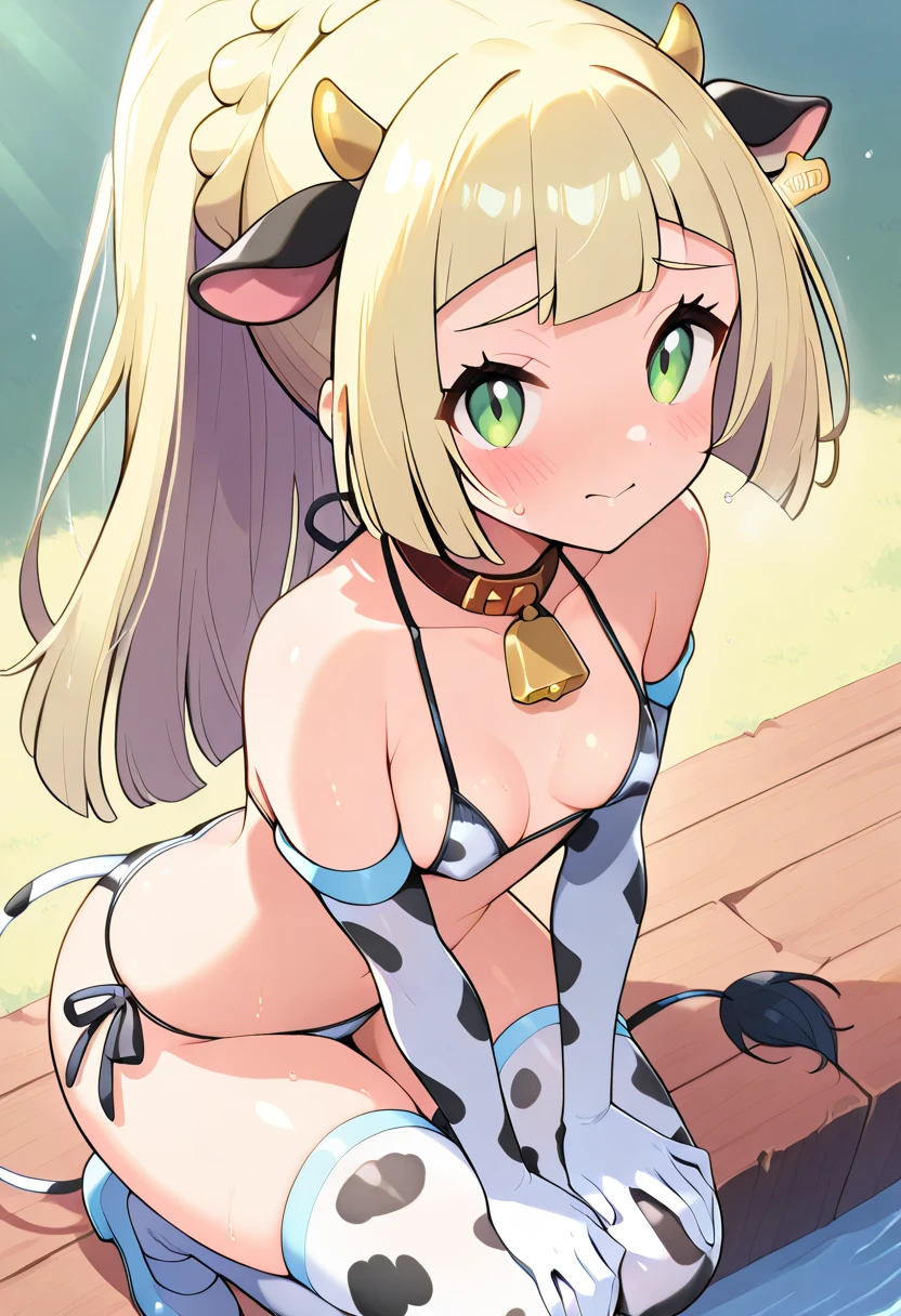 anime, (high quality, detailed, beautiful), shiny, detailed beautiful eyes, outstanding, countershading, detailed soft lighting, an exquisite animation illustration, score_9, score_8_up, score_7_up, source_anime, anime screencap, anime coloring, sidelighting, shiny luminous, 1girl, blonde hair, long hair, blue eyes, forehead, double bun, braided bun, twintails, sidelocks, keyhole, forehead mark, one-piece swimsuit, dress swimsuit, polka dot bow, orange bow, white headgear, Mitre, smile, open mouth, outdoors, church, crab's hole, beach, sunlight, shiny skin, wet skin, very sweaty, very wet skin, steaming body, awkward situation, awkward grin, shy, blush, squatting, ass, from behind, looking at viewer, cowboy shot, expressiveh, attractive poses, poop, pooping, pooping in crab's hole,